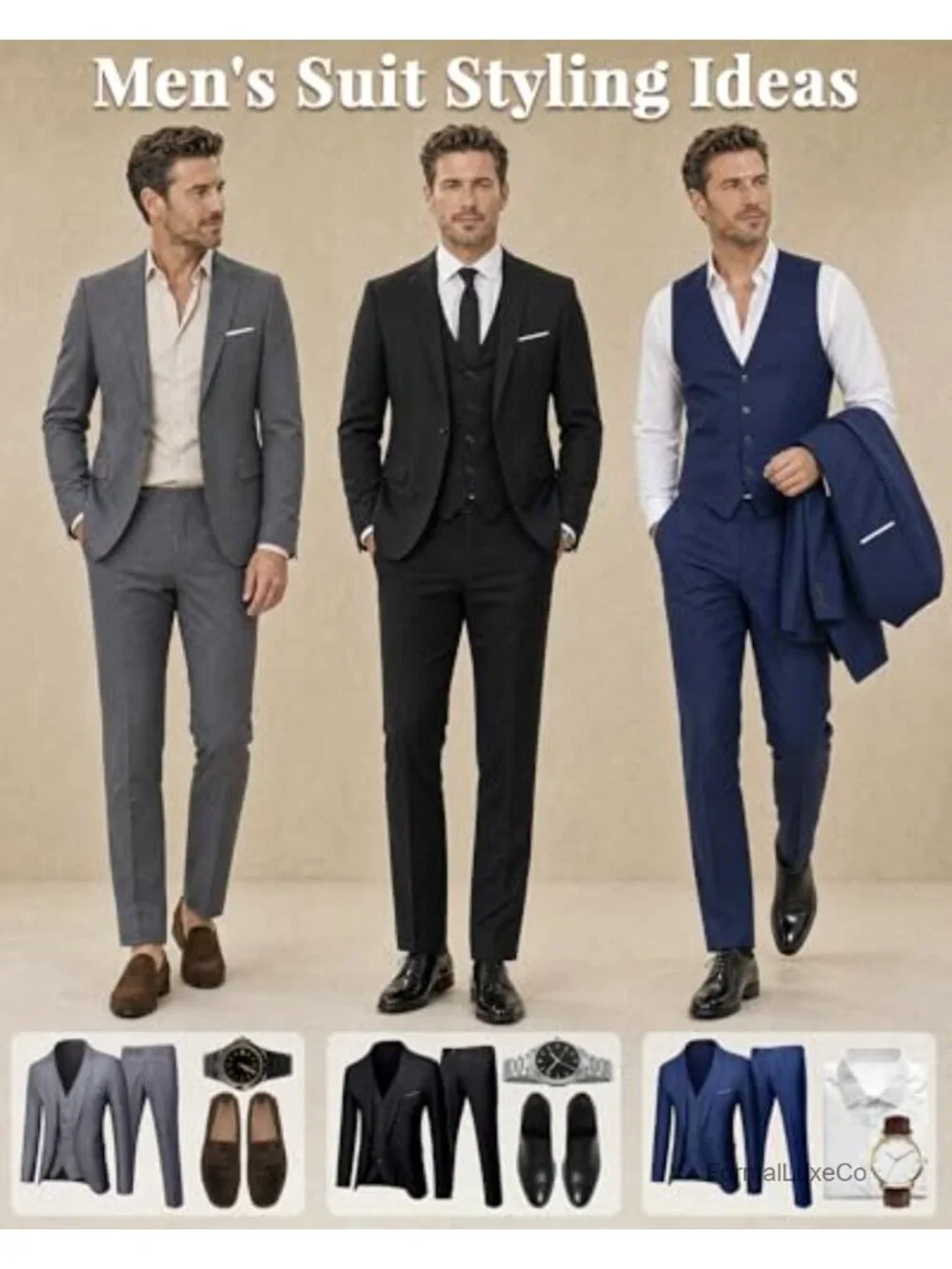 Men's 3 Piece Slim Fit Suit Set with Tie Jacket Vest Pants Wedding Business Prom